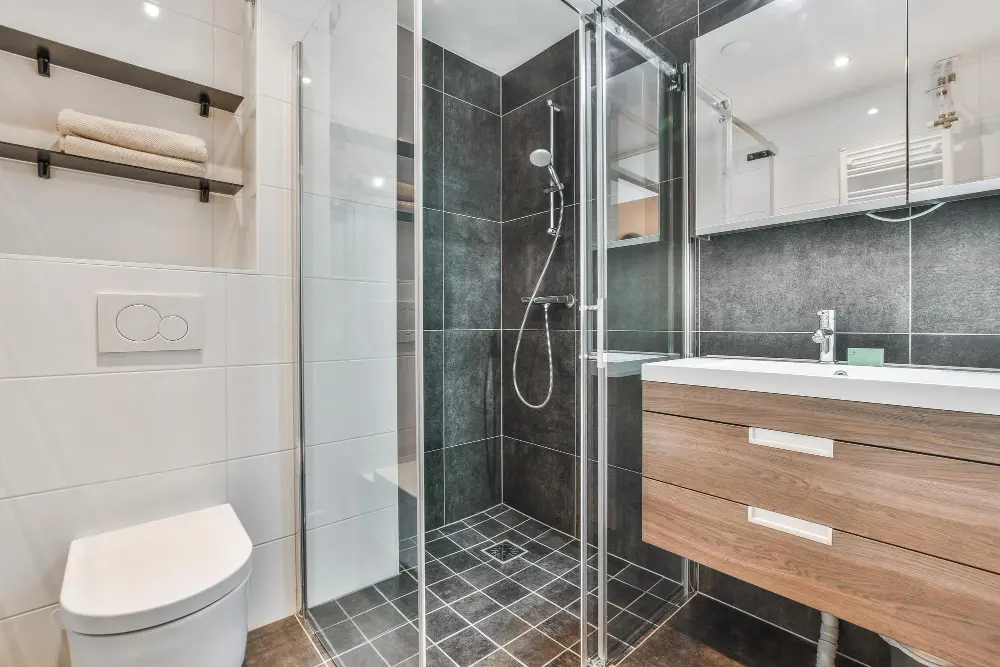 Bathroom renovation with new fixtures and flooring